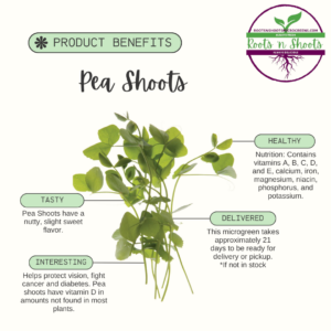 pic of a bunch of young pea shoots with text about nutrition, taste, how to use, and how to order