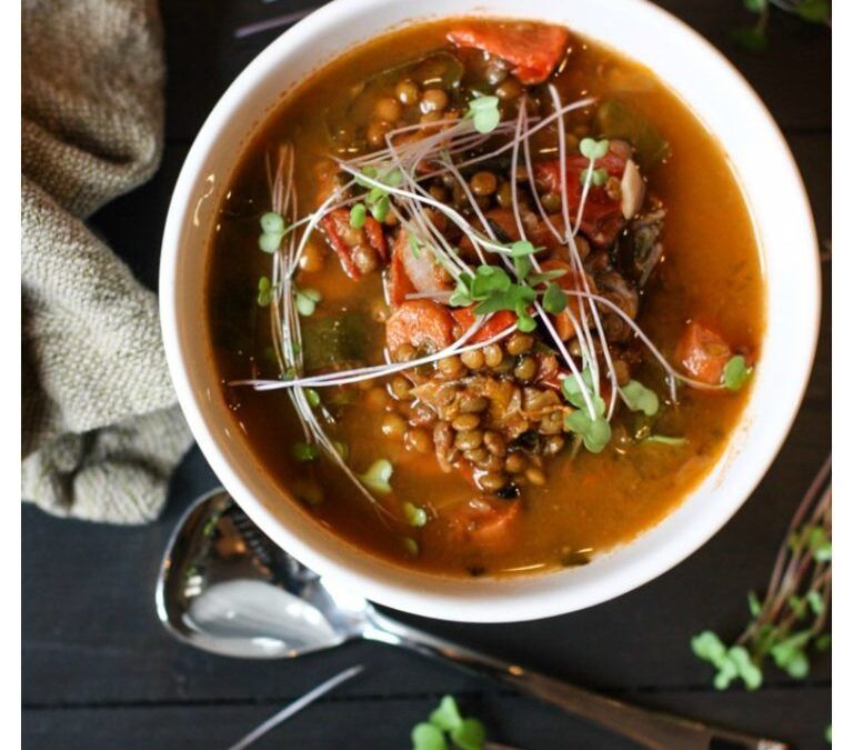 Lentil Vegetable Soup with Microgreens